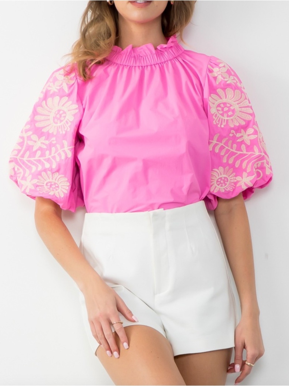 THML Embroidered Puff Sleeve Pink Top - M